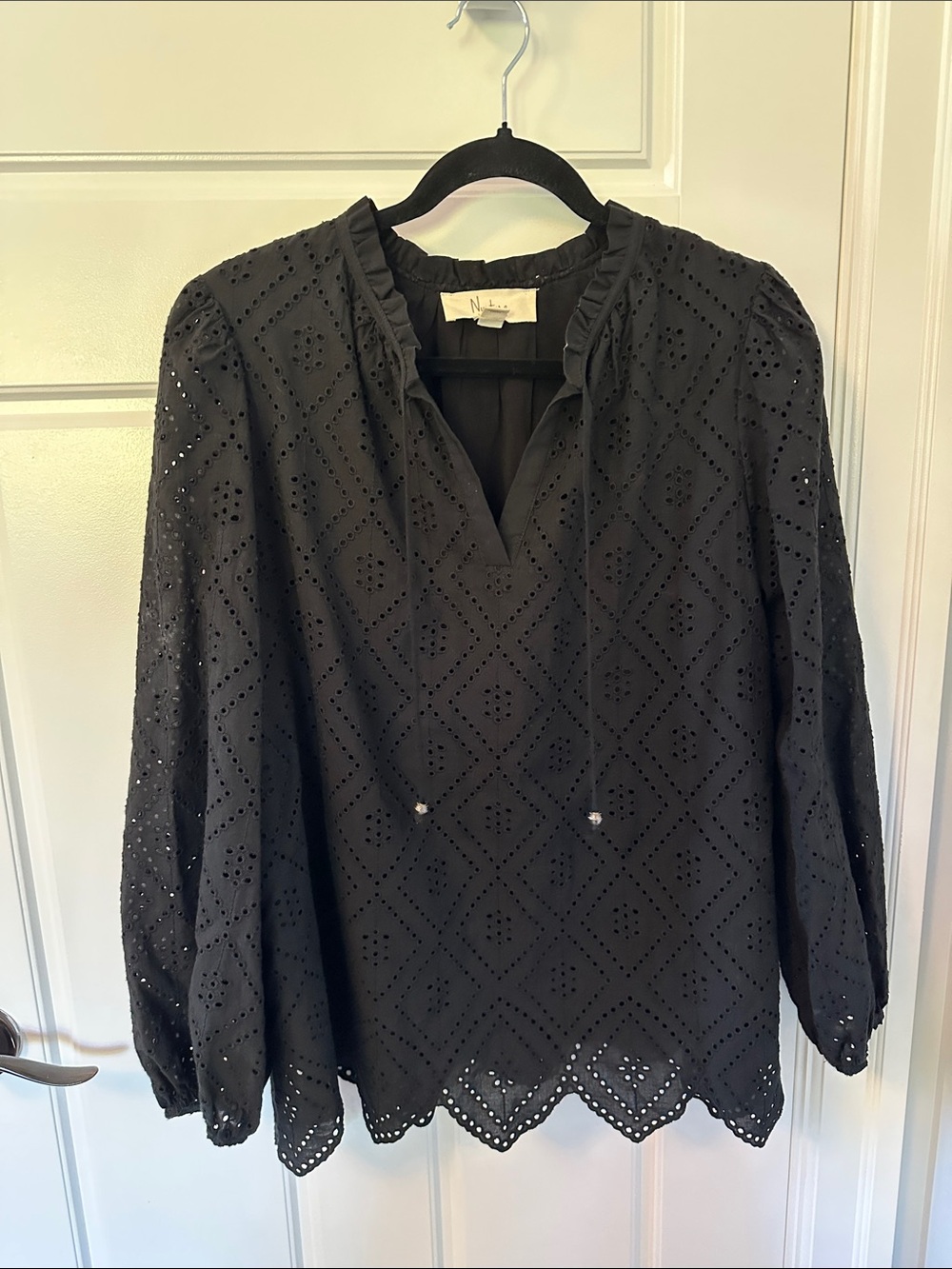 Black Eyelet Long-Sleeve Blouse